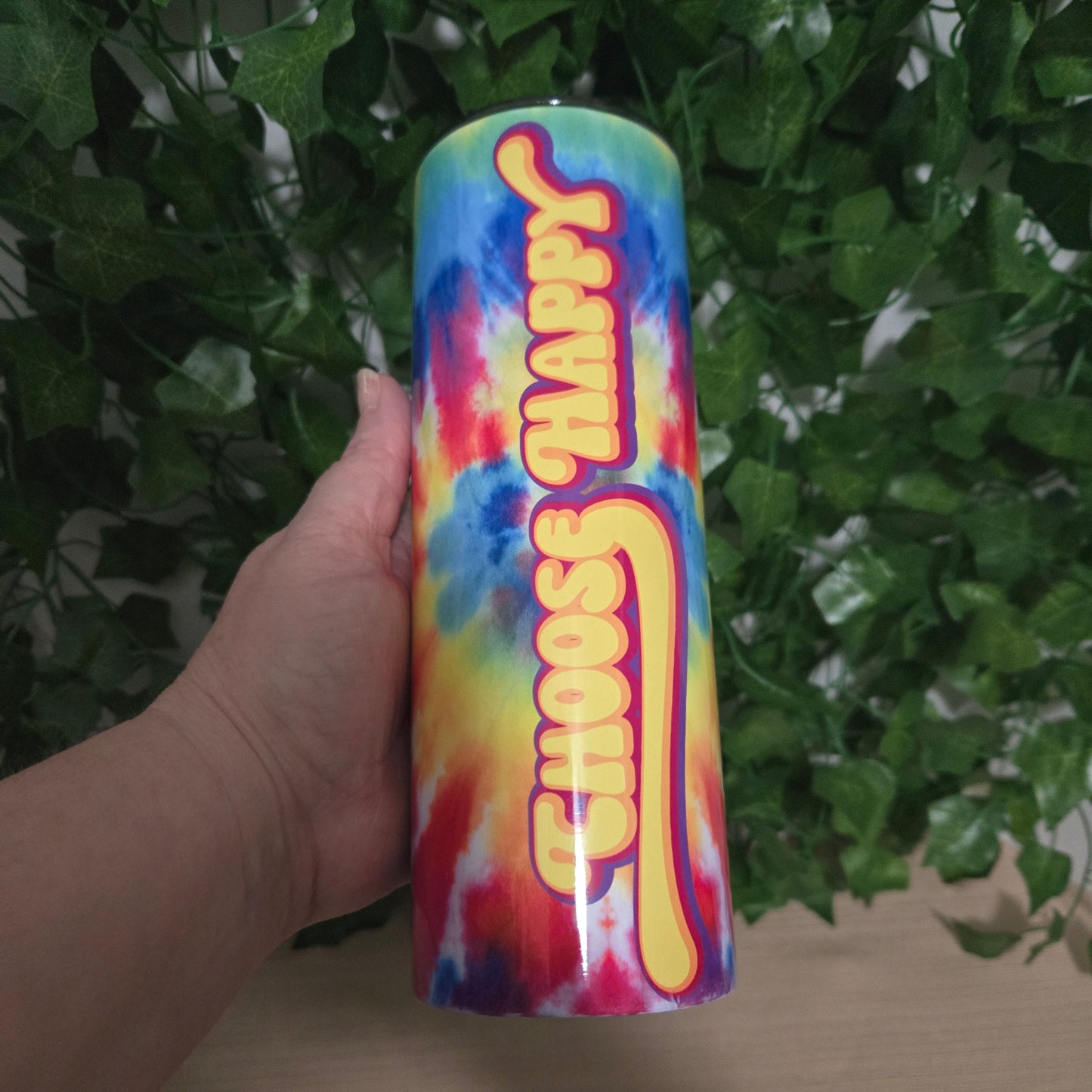 Rainbow Groovy Tye Dye "Choose Happy" Tumbler