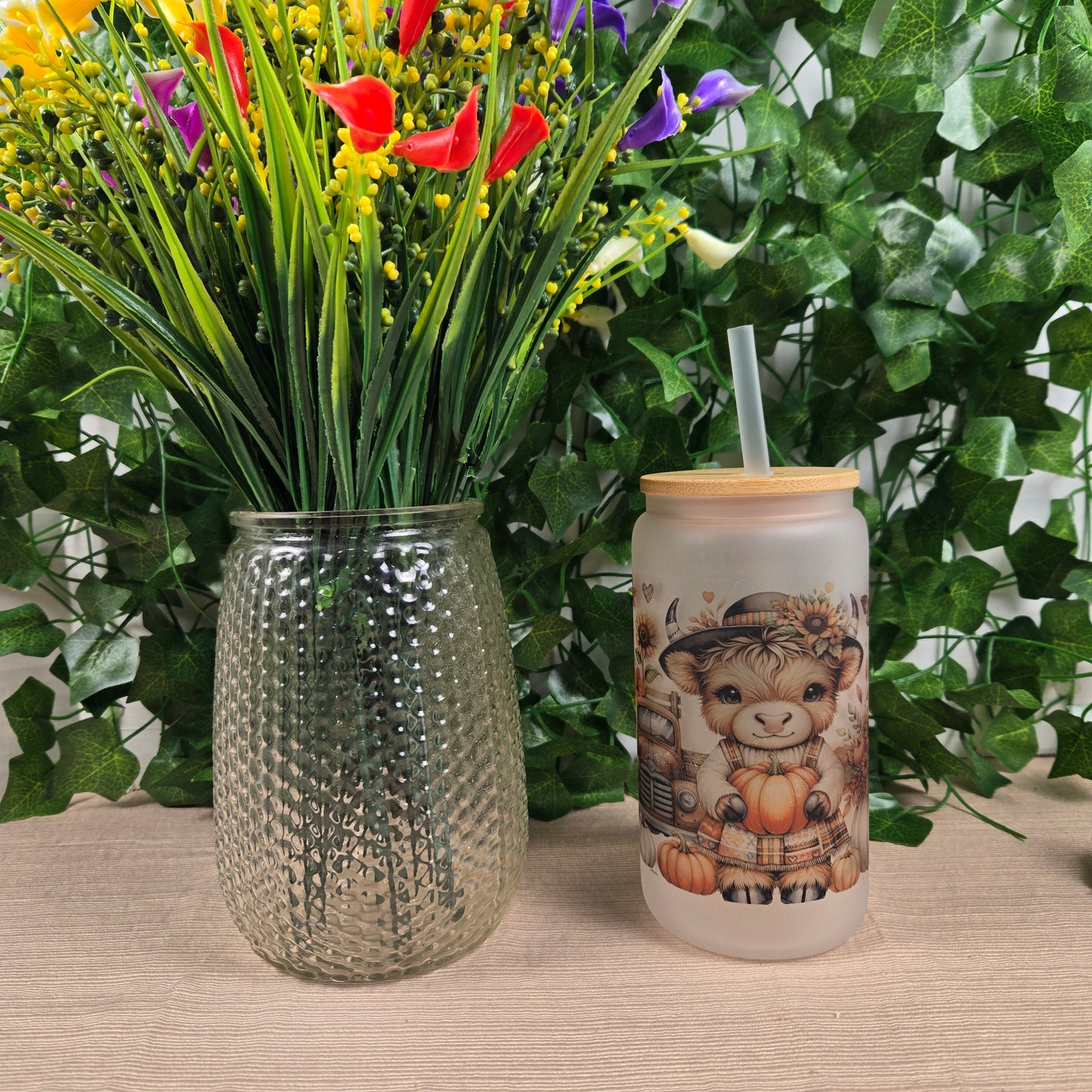 Cute Fall Vibes 16oz Glass Jar Clear or Frosted (Multiple Designs Available)