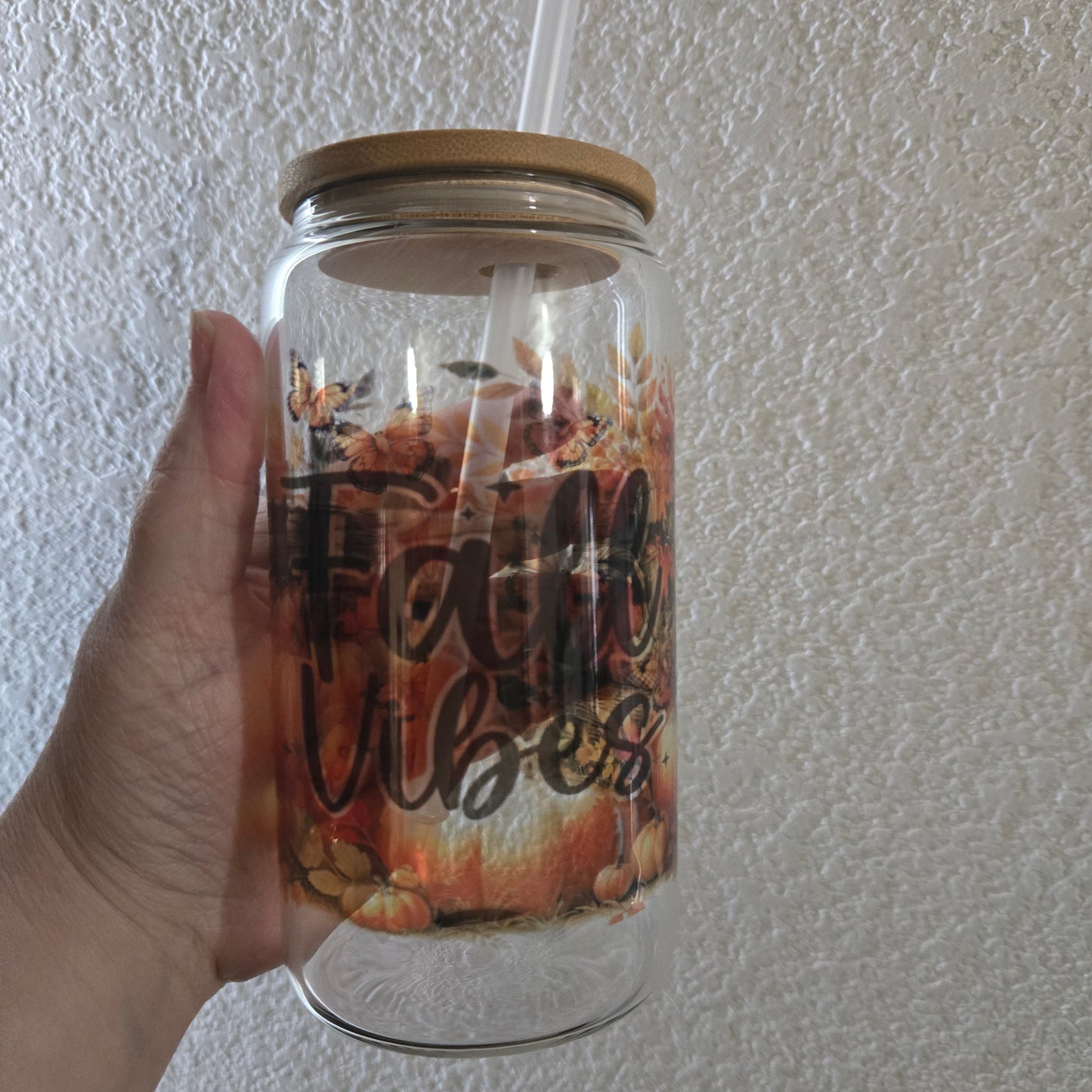 Cute Fall Vibes 16oz Glass Jar Clear or Frosted (Multiple Designs Available)