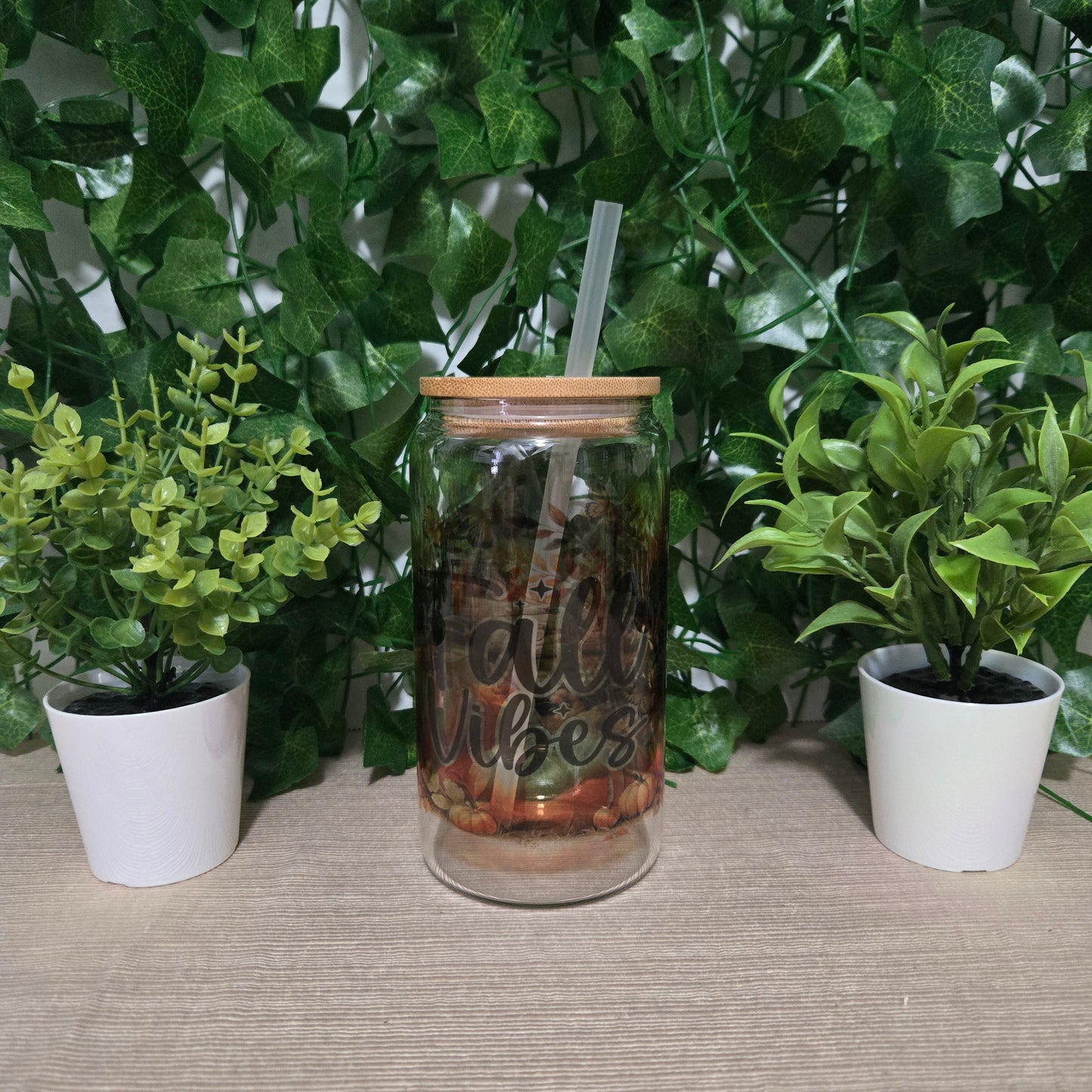 Cute Fall Vibes 16oz Glass Jar Clear or Frosted (Multiple Designs Available)