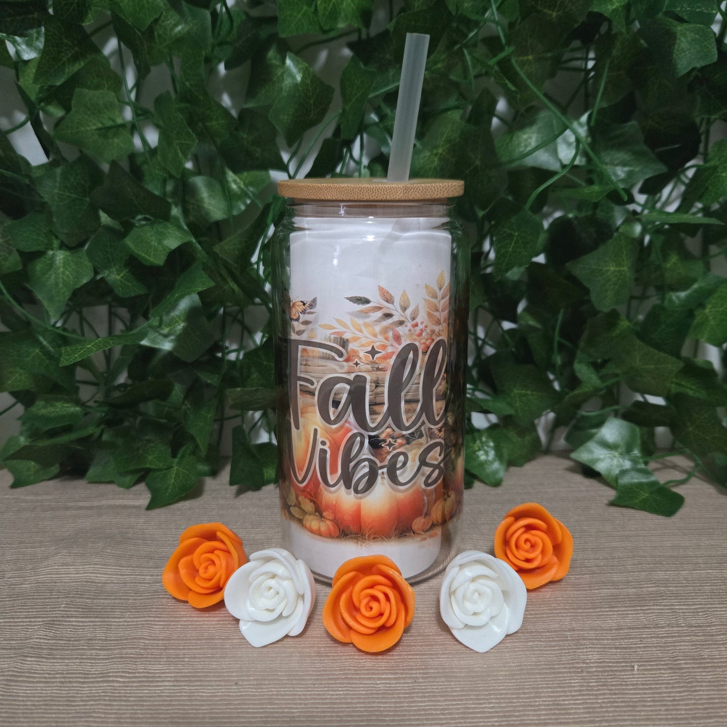 Cute Fall Vibes 16oz Glass Jar Clear or Frosted (Multiple Designs Available)