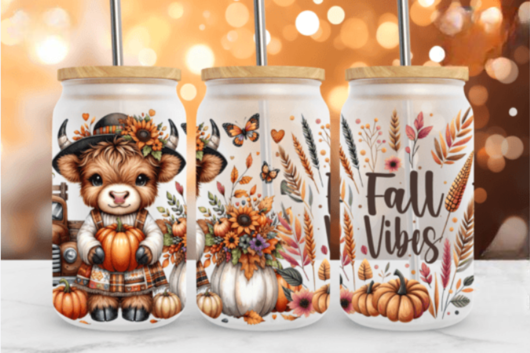 Cute Fall Vibes 16oz Glass Jar Clear or Frosted (Multiple Designs Available)