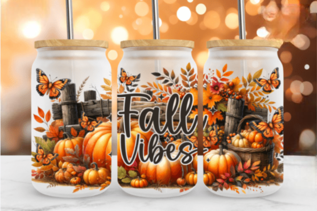 Cute Fall Vibes 16oz Glass Jar Clear or Frosted (Multiple Designs Available)