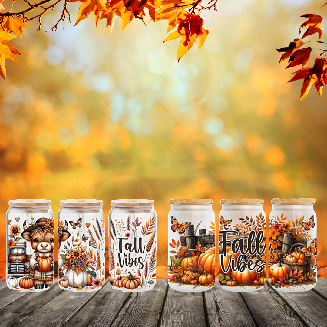 Cute Fall Vibes 16oz Glass Jar Clear or Frosted (Multiple Designs Available)