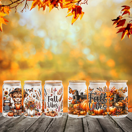 Cute Fall Vibes 16oz Glass Jar Clear or Frosted (Multiple Designs Available)